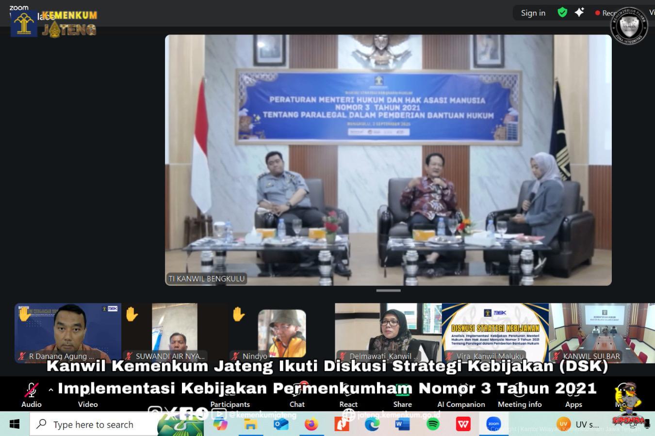 Kanwil Kemenkum Jateng Ikuti Diskusi Strategi Kebijakan (DSK) Implementasi Kebijakan Permenkumham Nomor 3 Tahun 2021