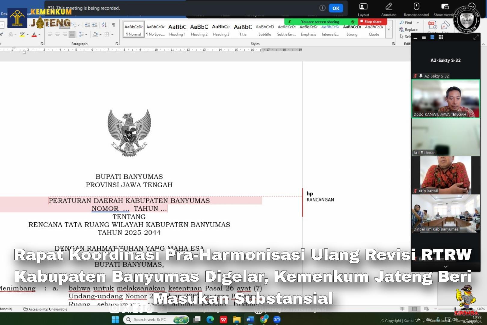 Rapat Koordinasi Pra-Harmonisasi Ulang Revisi RTRW Kabupaten Banyumas Digelar, Kemenkum Jateng Beri Masukan Substansial